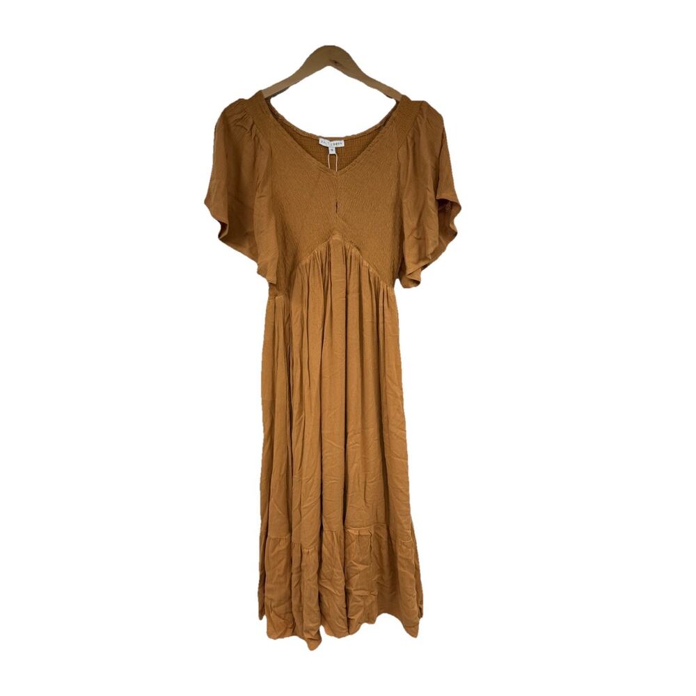 Baltic Born Golden Orange Smocked Modest Flutter Sleeve Midi Dress Womens Small